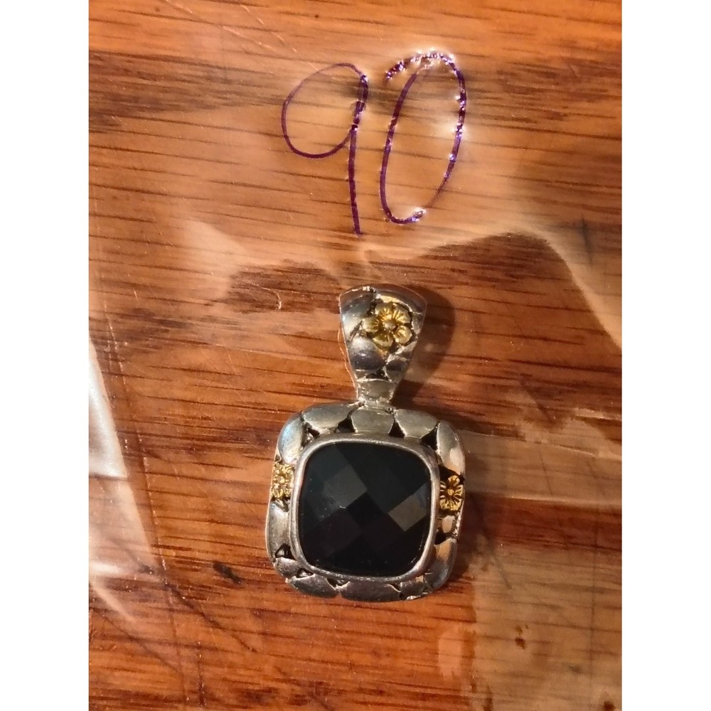 925 Sterling Silver Faceted Black Onyx Cushion Two Tone Flower Enhancer Pendant